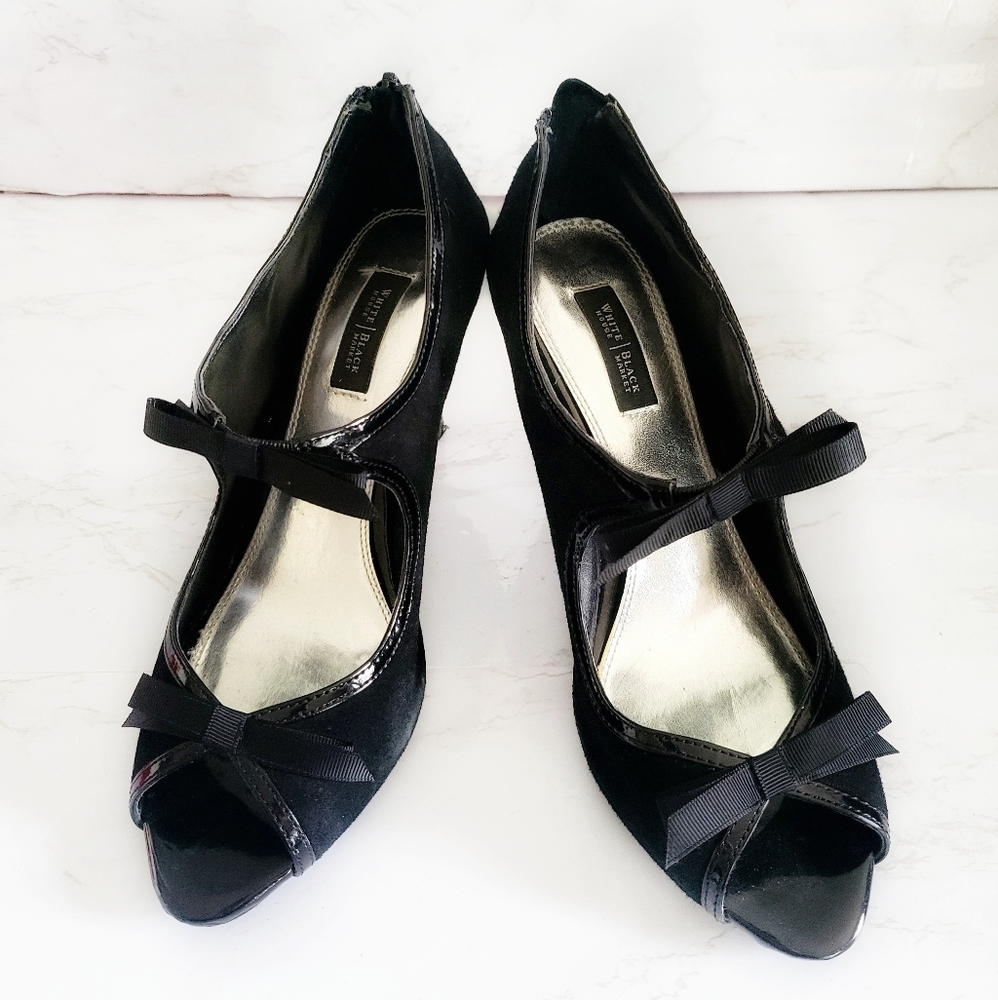 White House Black Market Black Peep-Toe Heels with Bows